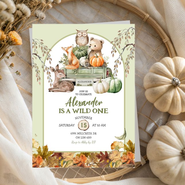 Green Wild One Woodland Pumpkin Truck 1st Birthday Invitation (Creator Uploaded)