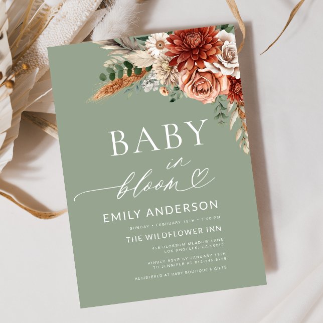 Green Wildflower Baby in Bloom Autumn Baby Shower Invitation (Creator Uploaded)