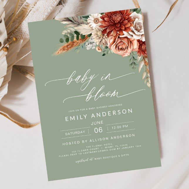 Green Wildflower Baby in Bloom Autumn Baby Shower Invitation (Creator Uploaded)