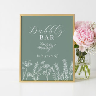 Green Wildflower Bridal Shower Bubbly Bar Sign