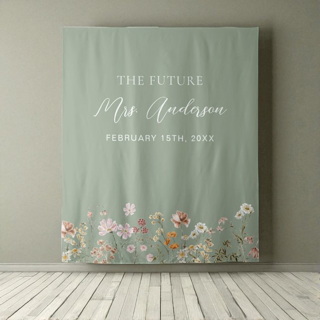 Green Wildflower Future Mrs. Photo Booth Backdrop Tapestry (Creator Uploaded)