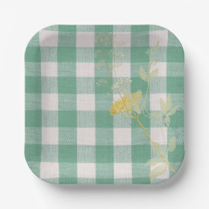Green Wildflower Gingham Plaid Farmhouse Paper Plate
