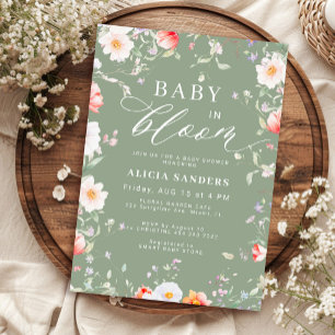 Green wildflower meadow baby in bloom baby shower invitation