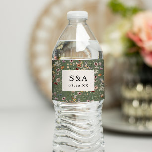 Green Wildflower Wedding Water Bottle Label