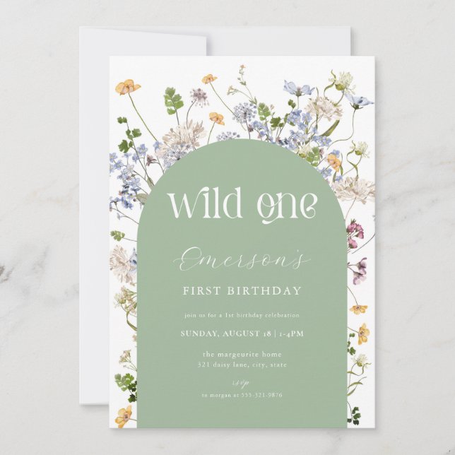 Green Wildflower Wild One 1st Birthday Invitation (Front)