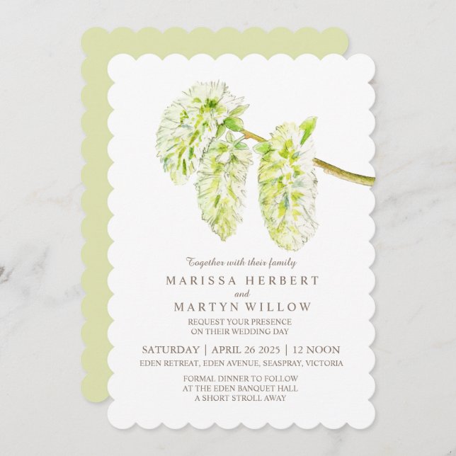 Green willow catkin watercolor wedding invitations (Front/Back)