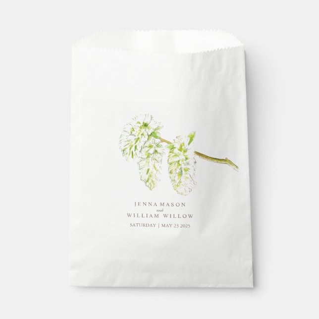 Green willow catkins watercolor wedding favour bag (Front)