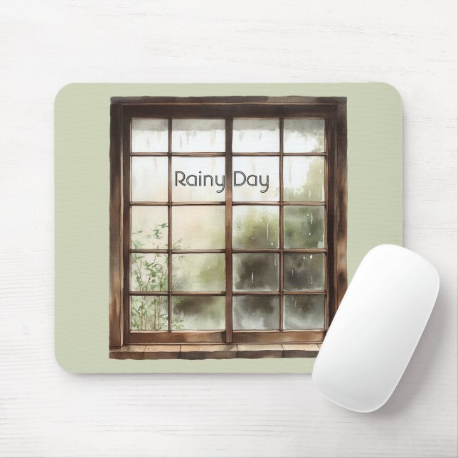 Green Window Rainy Day Mouse Mat (With Mouse)