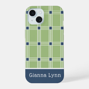 Green Windowpane Plaid Monogram iPhone 15 Case