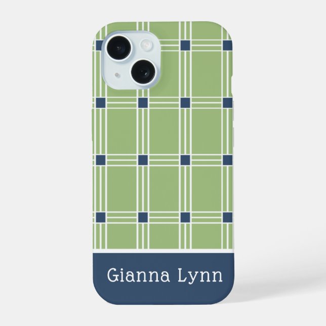 Green Windowpane Plaid Monogram iPhone 15 Case (Back)