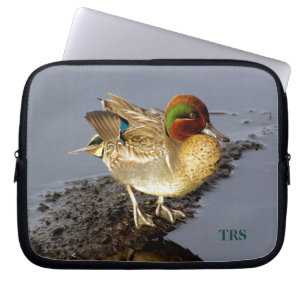 Green Wing Teal Duck Laptop Sleeve with Initials
