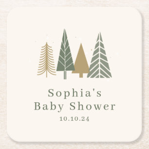 Green Winter Baby Shower Square Paper Coaster