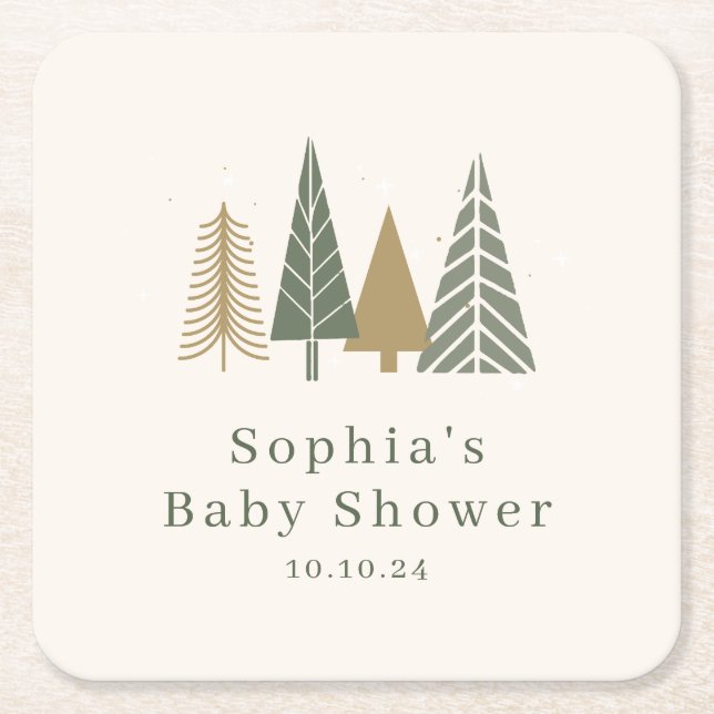 Green Winter Baby Shower Square Paper Coaster (Front)