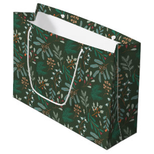 Green Winter Botanical Pattern Large Gift Bag