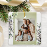 Green Winter Foliage Photo Christmas Ceramic Ornament<br><div class="desc">This photo Christmas ornament features muted green watercolor winter foliage. Personalise this elegant Christmas ornament with your family photo.</div>