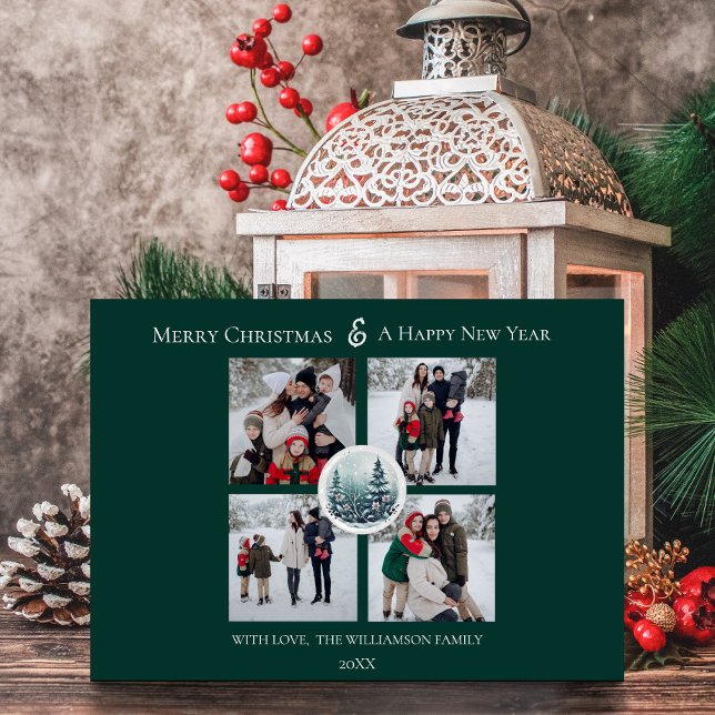 Green Winter Forest Floral Photo Collage Holiday Card (Green Winter Forest Floral Photo Collage Holiday Card)