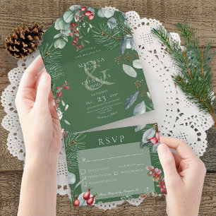 Green Winter Pine Berries Eucalyptus Dinner All In One Invitation