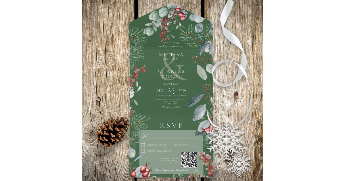 Green Winter Pine Berries Eucalyptus QR Code All In One Invitation | Zazzle