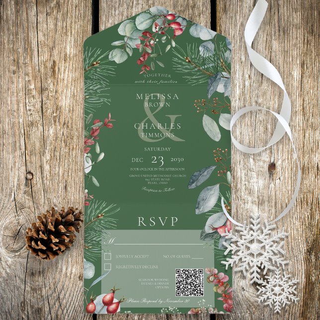 Green Winter Pine Berries Eucalyptus QR Code All In One Invitation (Also available without a QR code; with or without dinner selection options)