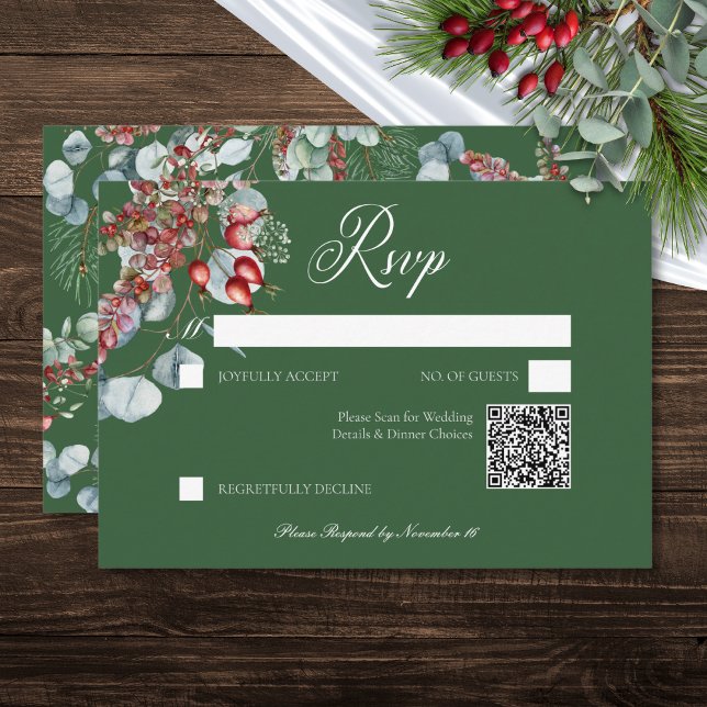 Green Winter Pine Berries Eucalyptus Wedding RSVP Card (Green Winter Pine Berries Eucalyptus Wedding RSVP Card)