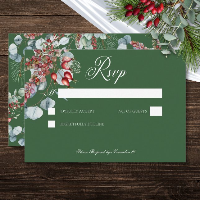 Green Winter Pine Berries Eucalyptus Wedding RSVP Card (Green Winter Pine Berries Eucalyptus Wedding RSVP Card)