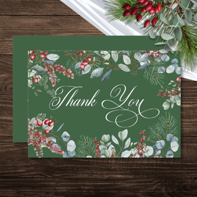 Green Winter Pine Berries Eucalyptus Wedding Thank You Card (Green Winter Pine Berries Eucalyptus Wedding Thank You Card)