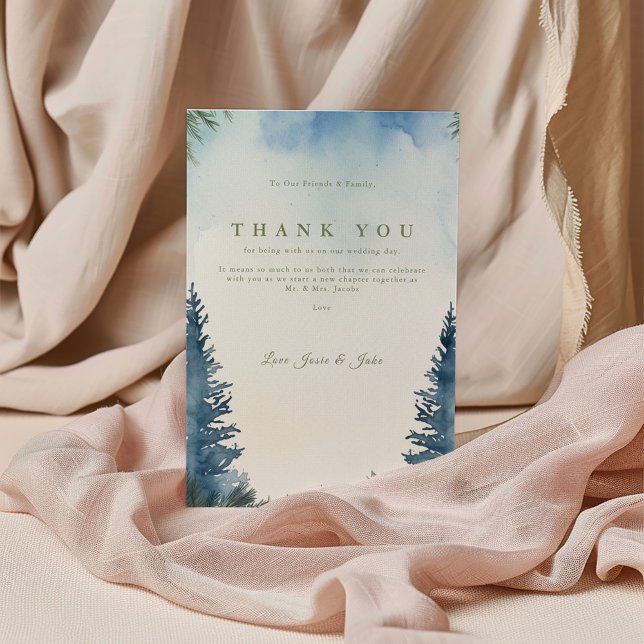 Green winter pine trees wedding table thank you (Blue and green watercolor forest wedding invitation with pine tree border and elegant typography.)