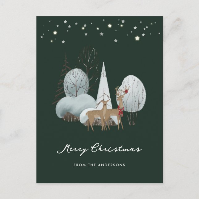 Green Winter Scene Stars Forest Deer Christmas Holiday Postcard (Front)