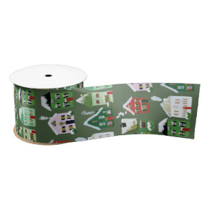 Green Winter Village Houses Christmas Satin Ribbon