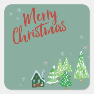 Green Winter Village Merry Christmas Square Sticker