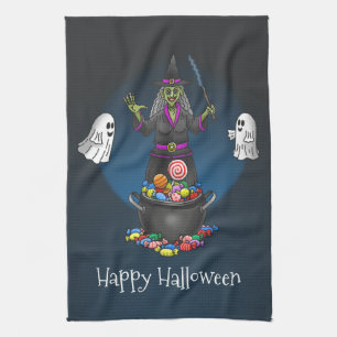 Green Witch and Ghosts Halloween Party Tea Towel