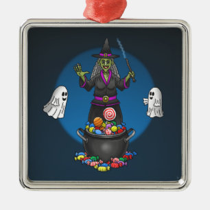 Green Witch and Ghosts Halloween Trick or Treat Metal Tree Decoration