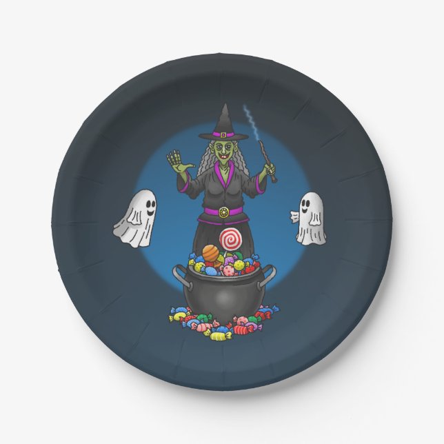 Green Witch and Ghosts Trick or Treat Halloween Paper Plate (Front)