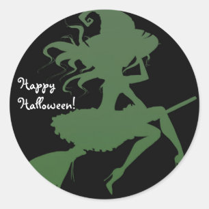 Green Witch Flying Broomstick Halloween Party Classic Round Sticker