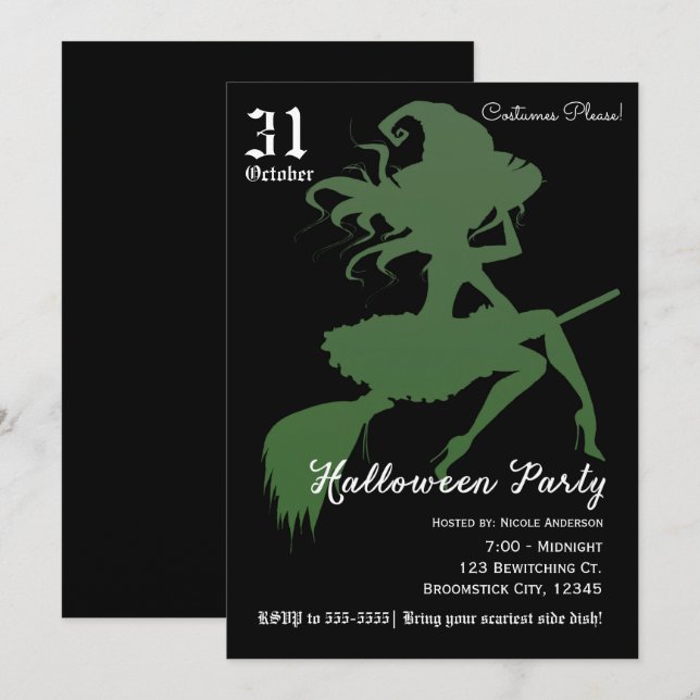 Green Witch Flying Broomstick Halloween Party Invitation (Front/Back)