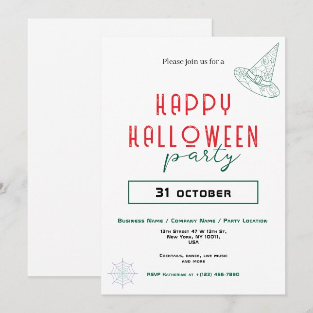 Green Witch Hat Business Office Halloween Party  Invitation (Front/Back)
