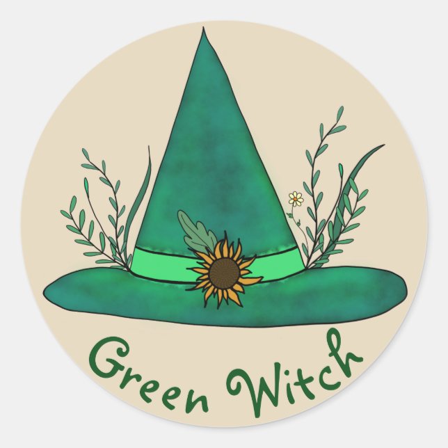 Green Witch Hat Herb Craft Pagan Witchcraft Magic Classic Round Sticker (Front)