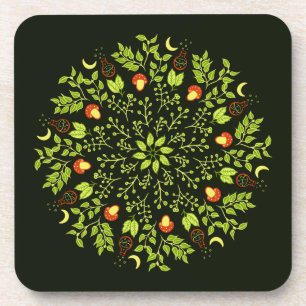 Green witch potion mushroom leaves plants mandala coaster