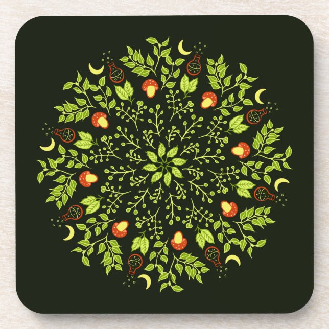 Green witch potion mushroom leaves plants mandala coaster (Front)