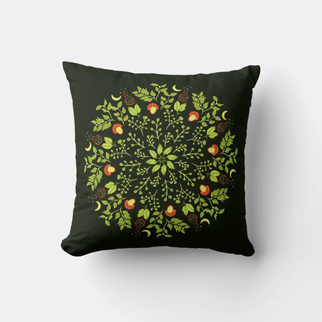 Green witch potion mushroom leaves plants mandala cushion (Front)