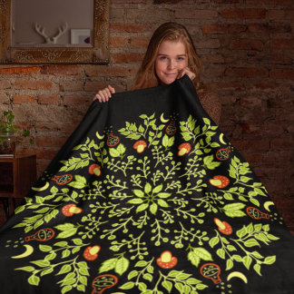 Green witch potion mushroom leaves plants mandala fleece blanket