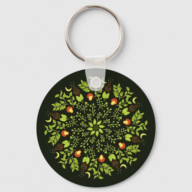 Green witch potion mushroom leaves plants mandala key ring (Front)