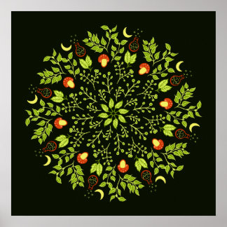 Green witch potion mushroom leaves plants mandala poster