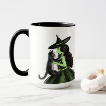 Green Witch With Black Cat Illustration Mug