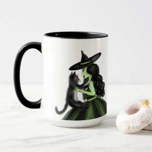 Green Witch With Black Cat Illustration Mug