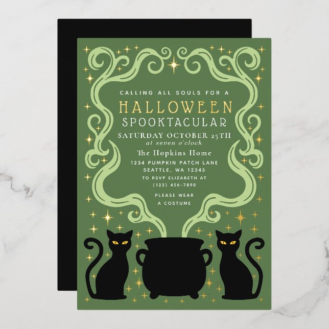 Green Witchy Black Cat Cauldron Halloween Party (Front/Back)