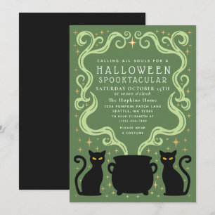 Green Witchy Black Cat Cauldron Halloween Party Invitation