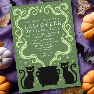 Green Witchy Black Cat Cauldron Halloween Party Invitation