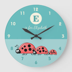 Green with a cute ladybird family baby name large clock