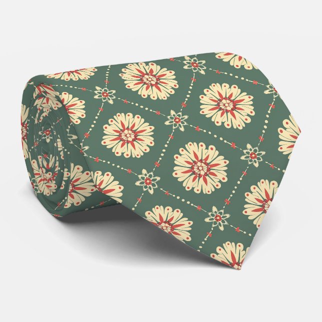 Green with Beige Floral Pattern Tie (Rolled)